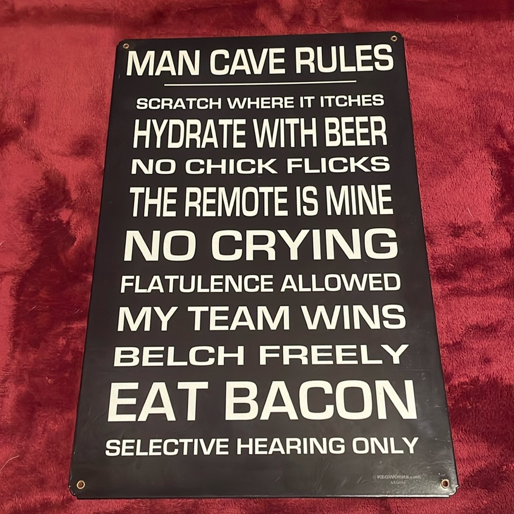Man Cave Rules metal sign- black background w/white lettering
